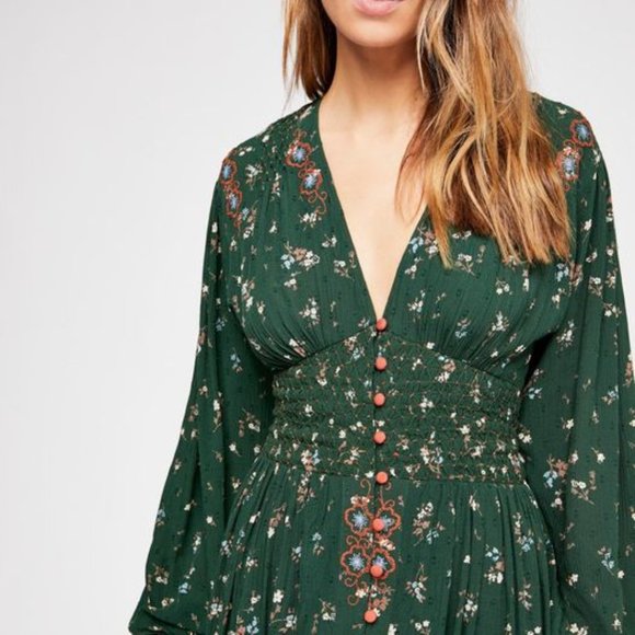 Free People Wildflowers Embroidered Forest Green Maxi Dress Size S/M - Picture 2 of 3